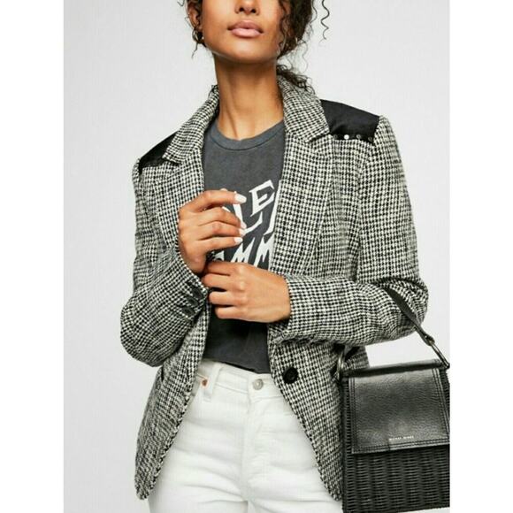 Free People Black and White Houndstooth Rodeo Blazer Size Small Jacket NWOT - Picture 1 of 14
